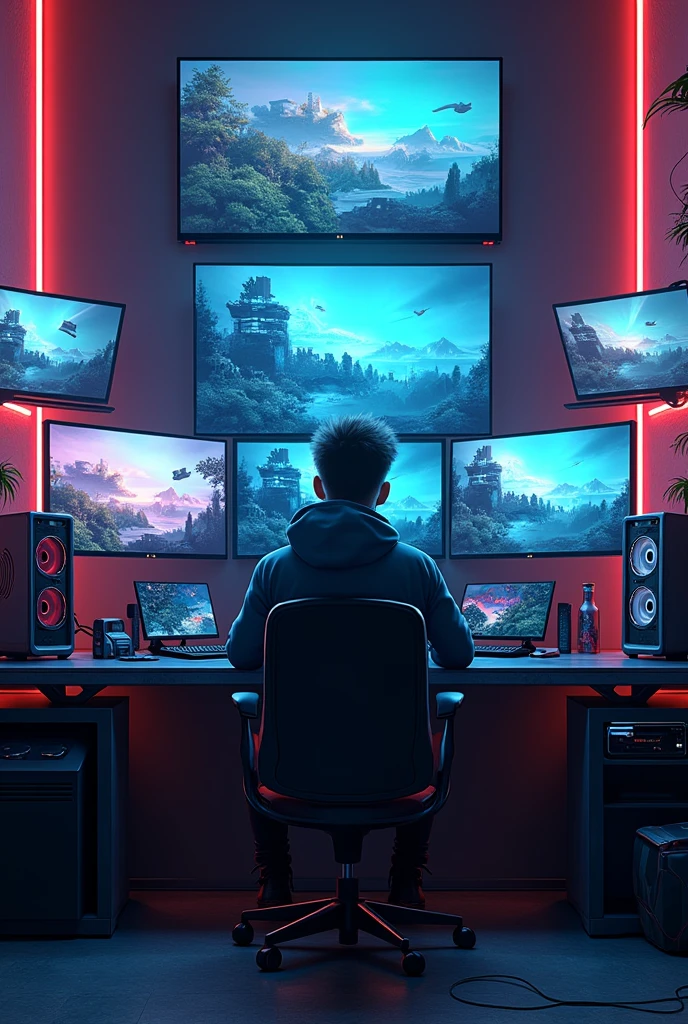 Cyber punk and full modern gaming room. Inside view
