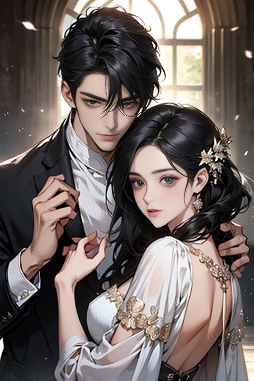 Beautiful and gentle ladies and handsome and cool men，Sweet atmosphere，Perfect face，bust，Back to Back，black hair black eyes，Perfect hands perfect face