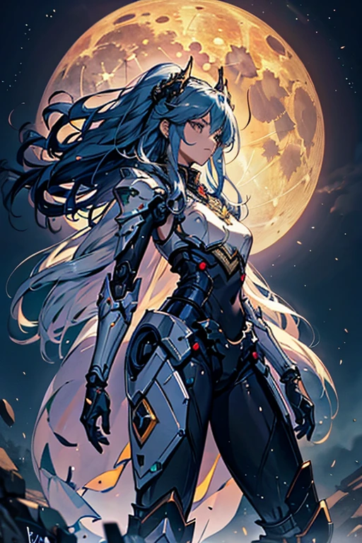 Ranni the Lunar Princess from the game Elden Ring should have their outfit changed to a mecha pilot style while retaining their original appearance. Their signature robot should be positioned behind them.