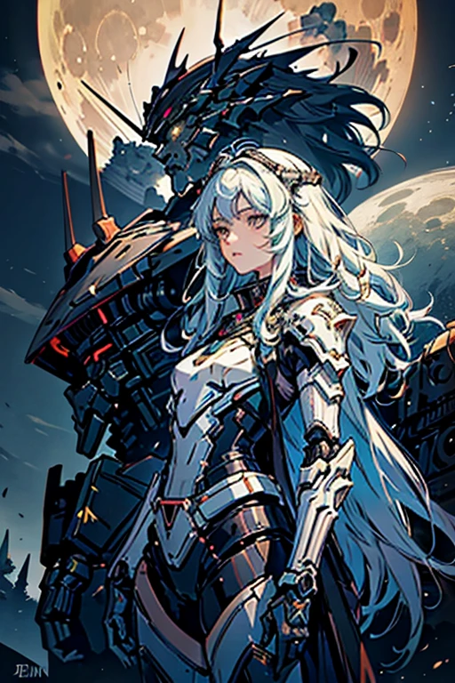 Ranni the Lunar Princess from the game Elden Ring should have their outfit changed to a mecha pilot style while retaining their original appearance. Their signature robot should be positioned behind them.