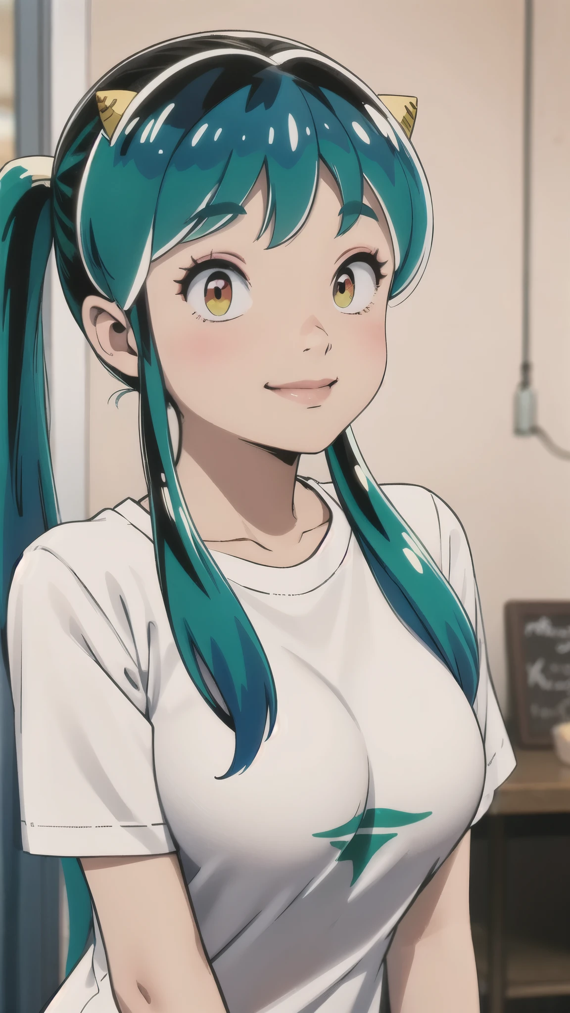 Ram、White T-shirt、Green Hair、Twin tails、Upper Body、Close-up of face、Photographed from the front、smile、Blushing cheeks、Large Breasts、masterpiece、Simple Background、Highest quality