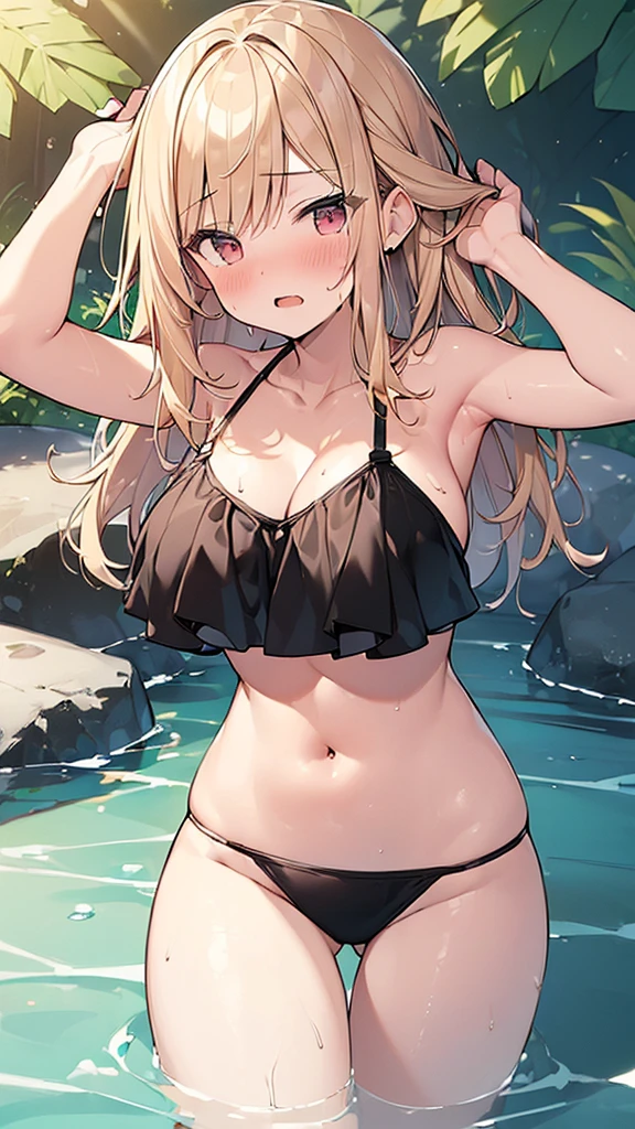 (Masterpiece, Top quality:1.5), nsfw, full body (dynamic angle:1.2), (1 beautiful girl, solo:1.2), (lie in river:1.2), Blonde, medium Hair, wavy Hair, asymmetry bangs, swept bangs, airy hair, (large breasts:1.2), 16 year old, (black bikini :1.3), shy:1.1, (blush:1.4), beautiful scene in river, arms up:1.2, open mouth, wet