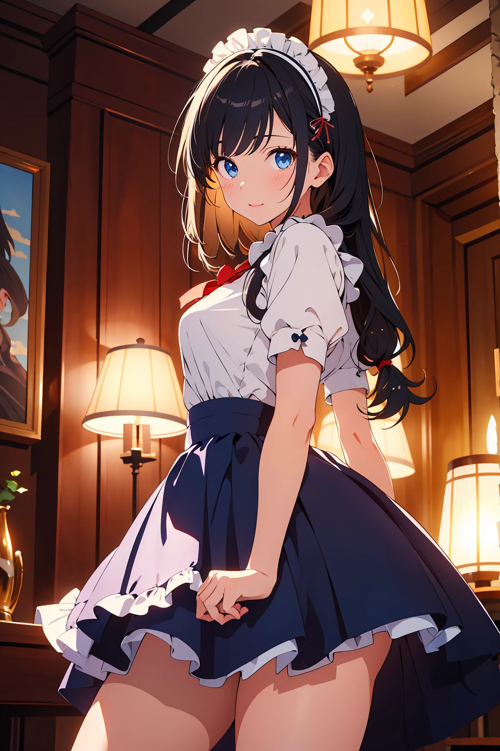 (masterpiece, Highest quality,Perfect lighting),Black Hair,blue eyes,cute,maid,mini skirt,Thighs,