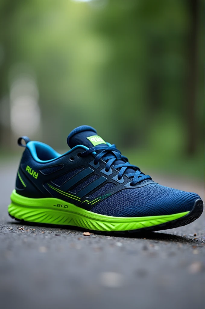 marathon running shoes, with dark blue and green colors, with the impression of being very comfortable, seen from side, with RunTech brand