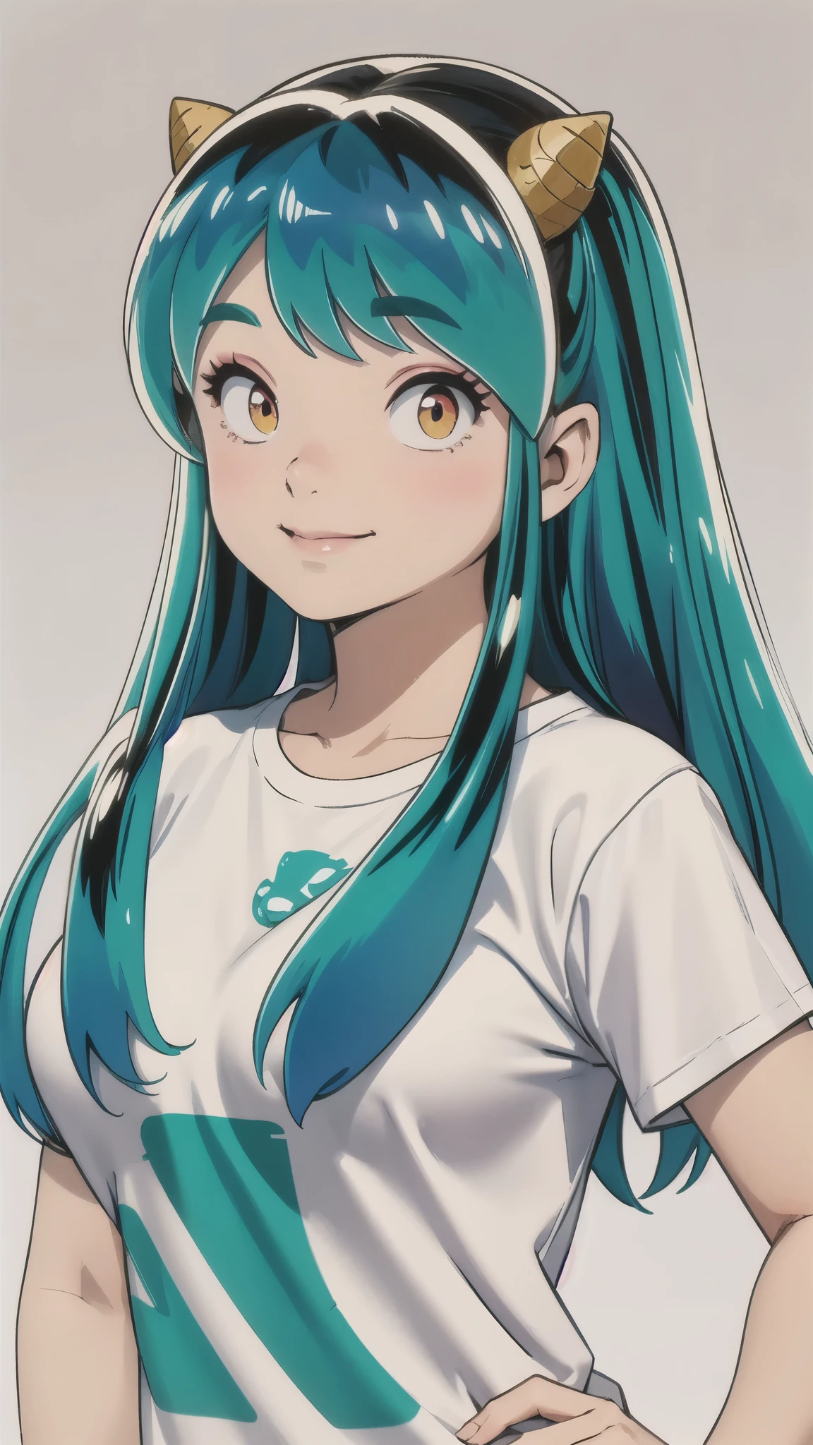 Ram、White T-shirt、Green Hair、Twin tails、Upper Body、Close-up of face、Photographed from the front、smile、Blushing cheeks、Large Breasts、masterpiece、Simple Background、Highest quality