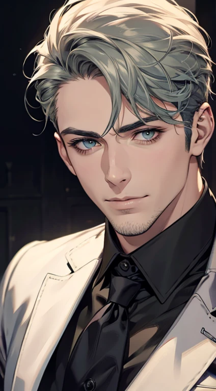 (best quality,4k,8k,highres,masterpiece:1.2),ultra-detailed,(realistic,photorealistic,photo-realistic:1.37),1 man,31 years old,mature man,very handsome,without expression,smile,short grey green hair,blue eyes,penetrating gaze,perfect face without errors,imposing posture,businessman,office background,cinematic lighting,hdr image