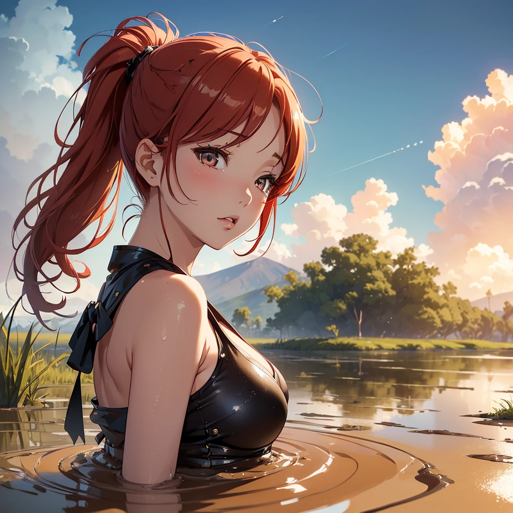 1girl, solo, masterpiece, best quality, high res, highly detailed, (illustration), beautiful detailed eyes, yuigahama yui, red hair ponytail, glossy lips, light makeup, orgasm, (looking up to the sky:1.5), intimate moment, sleeveless top, cleavage, (quicksand:1.4), (from side:1.4), bog, swampy, grassy, eyes closed, gasping