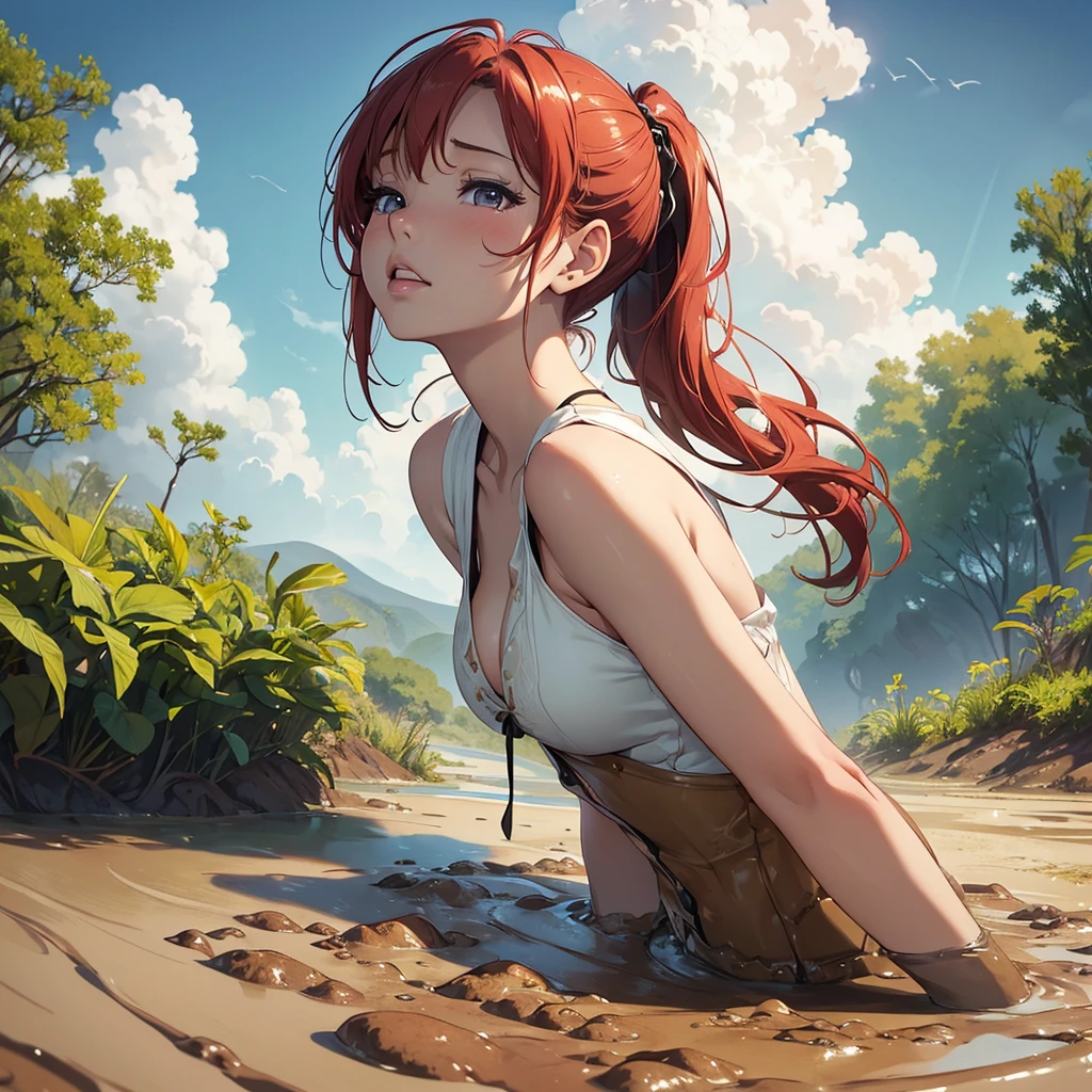 1girl, solo, masterpiece, best quality, high res, highly detailed, (illustration), beautiful detailed eyes, yuigahama yui, red hair ponytail, glossy lips, light makeup, orgasm, (looking up to the sky:1.5), intimate moment, sleeveless top, cleavage, (quicksand:1.4), (from side:1.4), bog, swampy, grassy, eyes closed, gasping