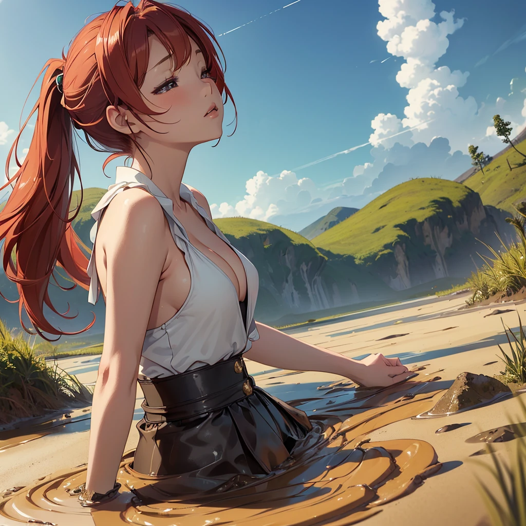 1girl, solo:1.5, masterpiece, best quality, high res, highly detailed, (illustration), beautiful detailed eyes, yuigahama yui, red hair ponytail, glossy lips, light makeup, orgasm, (looking up to the sky:1.5), intimate moment, wearing a string bikini, cleavage, (quicksand:1.4), (from side:1.4), bog, swampy, grassy, (eyes closed:1.3), gasping