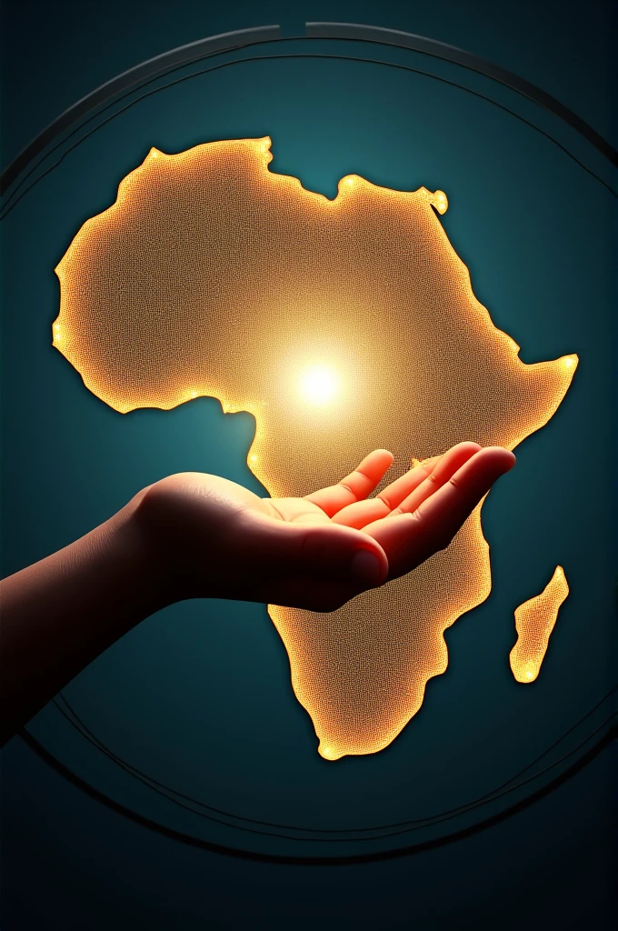 The map of Africa with a hand inside holding a light with flashes illuminating the map We must be able to see the palm of the hand The hand must not extend beyond the map The map must be surrounded by a circle that we can see