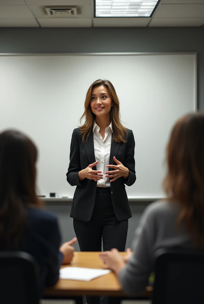 The woman instructor organizing the students thoughts and notes, selecting the right words and tone to convey the message.
(Caption: "Encoding: Converting Ideas into a Message")