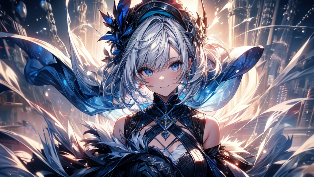 (Highest quality, 4K, 8k, High resolution, masterpiece:1.2), Super detailed,shading, 1 person, Masquerade,Furina, smile, short hair, Red fundus, gloves, Long sleeve, Have, White Background, Hair between the eyes, jewelry, Mouth closed, Blue fur, Jacket, He drowned, By White, black gloves, Striped Hair, Duvet, brooch, Blue hat, blue gloves,By White, Upper body,