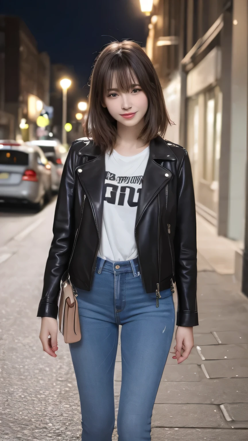 Best image quality (8k, High resolution, masterpiece: 1.2), Very detailed, Random Hairstyles, 26-year-old woman, 

Extraordinary beautiful girl、Cute and beautiful face details、(Dealing with the Children_v1:0.008)、


score_9, score_8_upper, score_7_upper, 

A scene where you walk with the city night view in the background: Neon-lit city night、Walking between buildings。As the cold night wind blows、Walk along the streetlit sidewalk。
clothing: Black leather jacket and dark denim skinny jeans、Black boots on the feet。Leather jacket zipper slightly open、A glimpse of the inner graphic T-shirt。
expression: 少しクールで無expressionだが、A sharp look in his eyes as if he had found his destination somewhere.。


,Active stop temporarily ,
On her side、The thunder danced。
Focus on the upper waist


, Random cute poses ,Big eyes ,Puffy eyes ,  Heart pupil, blush  , Big shy smile , salute

　

