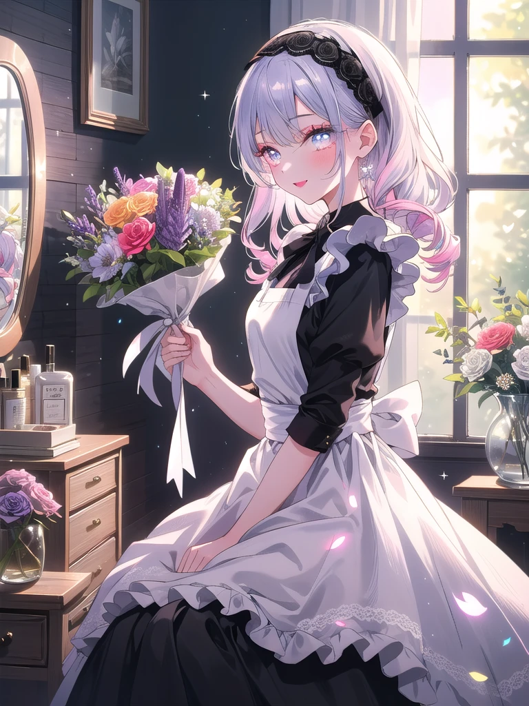 ((8k, Highest quality, masterpiece: 1.3)),Ultra-high resolution,(1 girl, alone), (Color changing eyes, Ultra-detailed, Expressive brilliance, Glitter, Glowing Eyes), Highly detailed eyes, Highly detailed face, Random Hair, ((pastel colour)),A joyful young woman with pastel lavender hair styled into loose curls, sitting at her vanity in her brightly lit bedroom during a late morning. She is dressed in a charming yet subtly sexy French maid cosplay, wearing a classic black and white dress with a frilled apron, and a small lace headband. The camera captures her from a side angle as she smiles while applying lipstick, her expression full of confidence and happiness. The room is filled with natural light, with a few makeup items neatly arranged on the vanity, a small bouquet of flowers, and a soft, elegant atmosphere creating a lively and inviting scene.