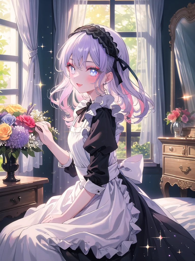 ((8k, Highest quality, masterpiece: 1.3)),Ultra-high resolution,(1 girl, alone), (Color changing eyes, Ultra-detailed, Expressive brilliance, Glitter, Glowing Eyes), Highly detailed eyes, Highly detailed face, Random Hair, ((pastel colour)),A joyful young woman with pastel lavender hair styled into loose curls, sitting at her vanity in her brightly lit bedroom during a late morning. She is dressed in a charming yet subtly sexy French maid cosplay, wearing a classic black and white dress with a frilled apron, and a small lace headband. The camera captures her from a side angle as she smiles while applying lipstick, her expression full of confidence and happiness. The room is filled with natural light, with a few makeup items neatly arranged on the vanity, a small bouquet of flowers, and a soft, elegant atmosphere creating a lively and inviting scene.