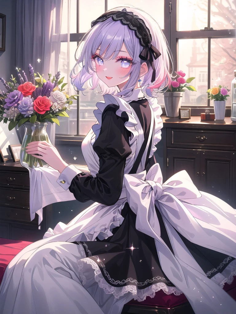 ((8k, Highest quality, masterpiece: 1.3)),Ultra-high resolution,(1 girl, alone), (Color changing eyes, Ultra-detailed, Expressive brilliance, Glitter, Glowing Eyes), Highly detailed eyes, Highly detailed face, Random Hair, ((pastel colour)),A joyful young woman with pastel lavender hair styled into loose curls, sitting at her vanity in her brightly lit bedroom during a late morning. She is dressed in a charming yet subtly sexy French maid cosplay, wearing a classic black and white dress with a frilled apron, and a small lace headband. The camera captures her from a side angle as she smiles while applying lipstick, her expression full of confidence and happiness. The room is filled with natural light, with a few makeup items neatly arranged on the vanity, a small bouquet of flowers, and a soft, elegant atmosphere creating a lively and inviting scene.