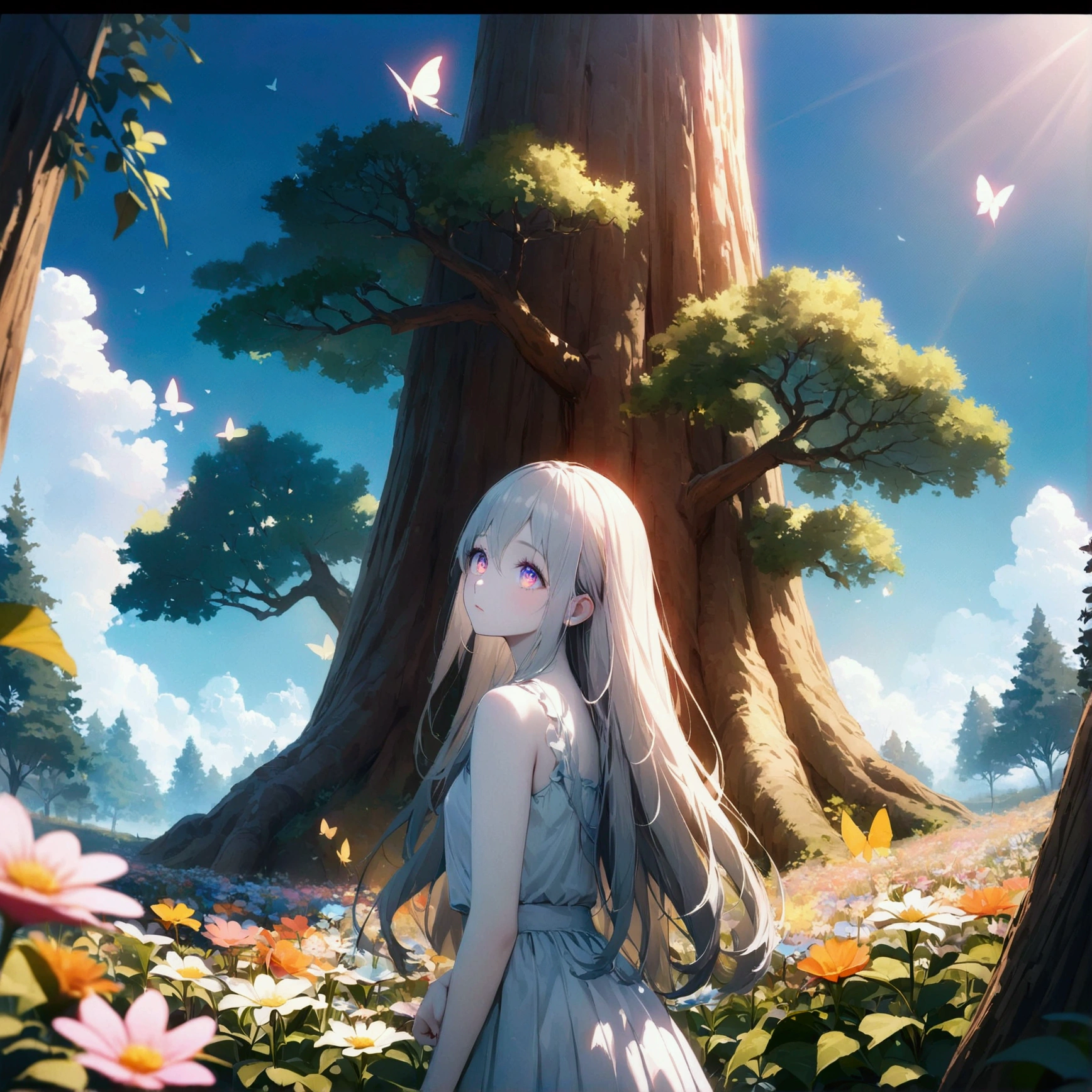 (woman\(student, , JK, Long Hair, Colorful eyes, Pale skin,) Looking up at the sky), (Many butterflies flying in the sky), Beautiful sky, summer,Colorful flowers are blooming everywhere, Mysterious and dreamy ,Giant Tree,quality\(8k,CG wallpaper, masterpiece,High resolution,top-quality,Surrealism,Increased resolution,RAW Photos,Best quality,Very detailed,Light,Ray Tracing,Golden Ratio)