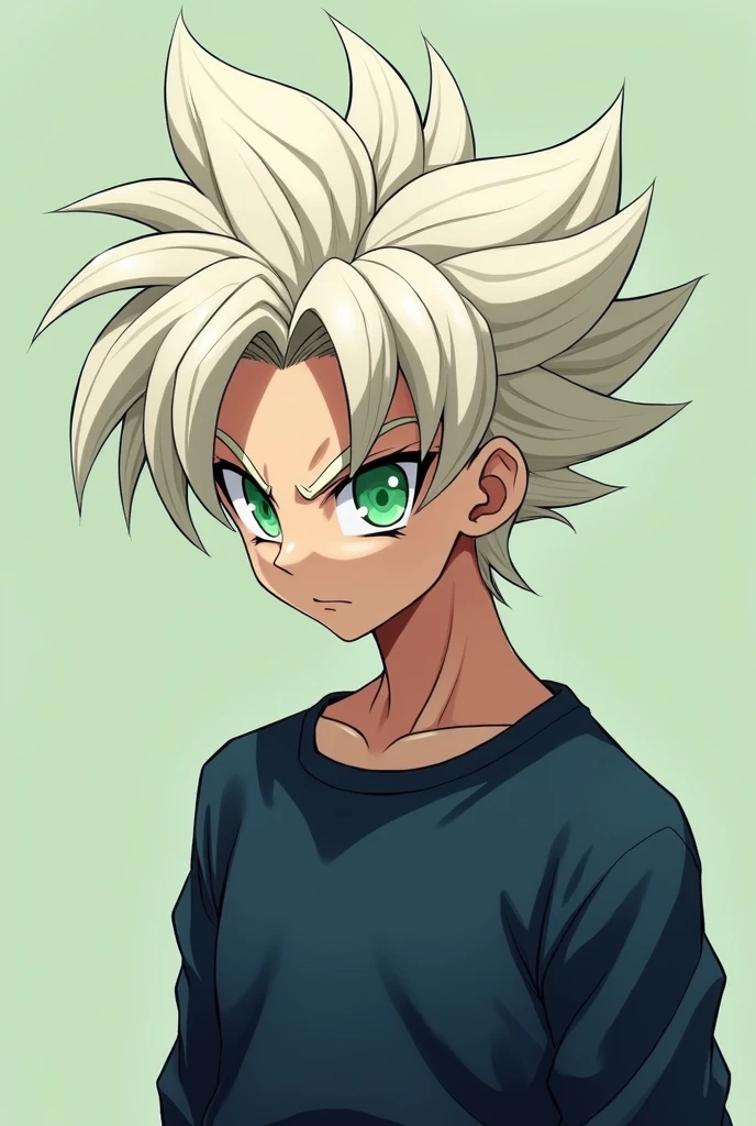 body hair: offwhite, with a cut inspired by Super Saiyan Trunks, but with a lighter, more natural fit. The strands should have a smooth movement and a little volume., giving a more relaxed air.
eyeballs: greens, with a mocking expression and an intense glow that conveys intelligence and a certain air of superiority.
vestimentas:
Base: Dark blue long sleeve shirt, made