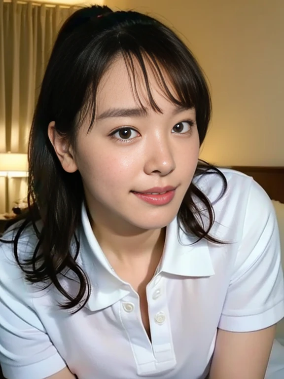 doggystyle, (Masterpiece, Best quality: 1.3), (Ultra realistic, Photo-realistic: 1.2), From above, Natural light, 28 years old actress, Japanese women, Neat and clean, (White tennis uniform, White short-sleeve polo shirt with darknavy line collar:1.2), (unbutton:1.3), (White tennis skirt:1.2), white sock, (Ponytail: 1.2), (Beautiful face), Oval face, clear, Beautiful eyes, Kind eyes, Clear skin, Small face, Beautiful mouth, Small mouth, Natural makeup, Approachable, (nsfw:1.2), Seductive smile, (Seductive pose: 1.3), (Beautiful thighs: 1.2), (Bedroom eyes: 1.2), Embarrassed, Blush, Luxury hotel Suite room, On bed, Hidden camera installed in suite room captures obscene reality of girls high school, (lesbian couple , petting together:1.1), grabbing crotch, erotic hag,