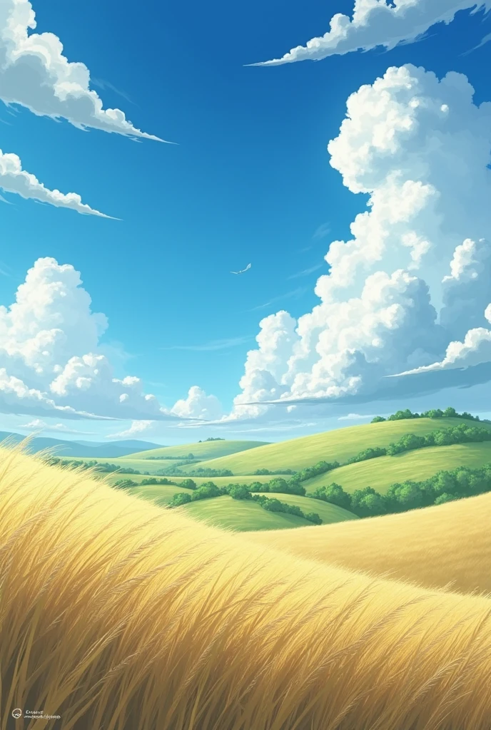 Windy field, hill, prairie, Blue sky and clouds, ghibli style