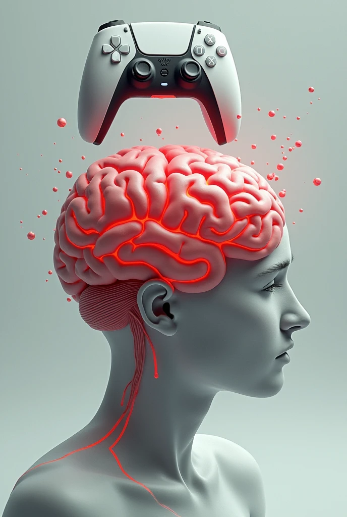 A brain is hurting, the hurt colour is red type, the upper of the brain there is an gaming joystic.