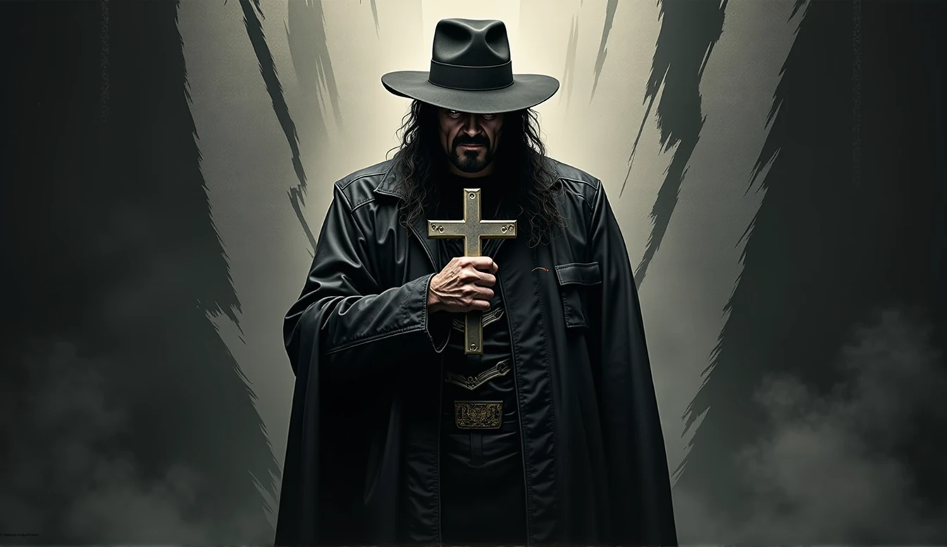 image of ((the undertaker:1.4)) with a cross in his hand, slash page, album, hq artwork, hd artwork, artwork, art cover