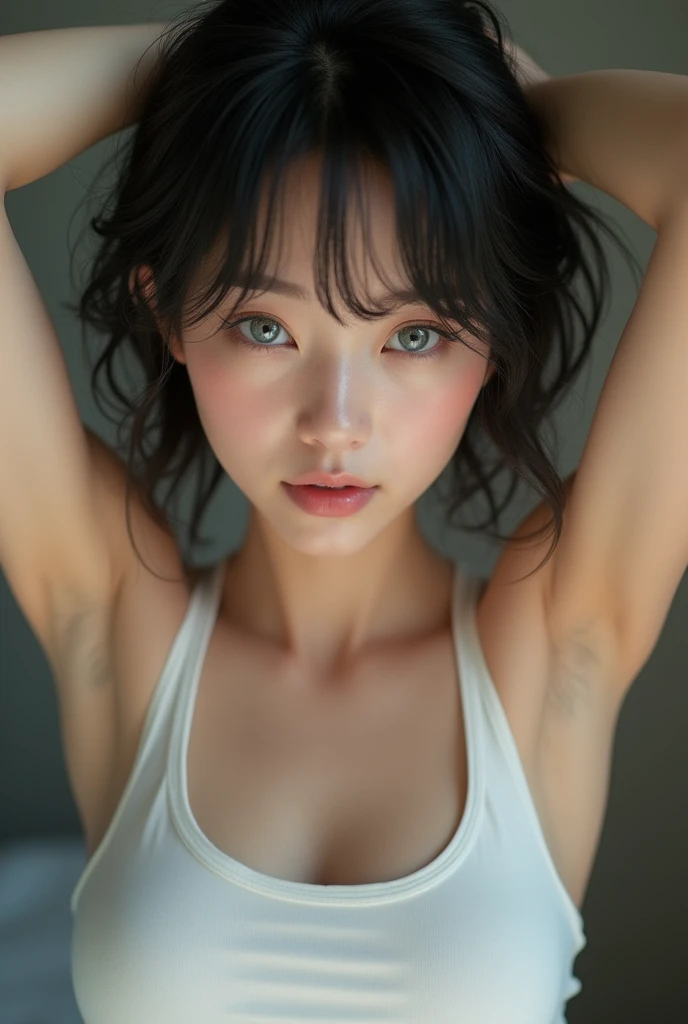 (Ultra Real), (figure), (High resolution), (8k), (very detailed), (Best figure), (Detailed and beautiful eyes), (highest quality), (Ultra-detailed), (masterpiece), (wallpaper), (Detailed face), Droopy eyes, Sweaty, Upper body close-up, Underarm, short hair, Inner Color, A girl wearing a simple white tank top, Beautiful Japanese, Light Blue eyes,,((Raise your arms behind your head))