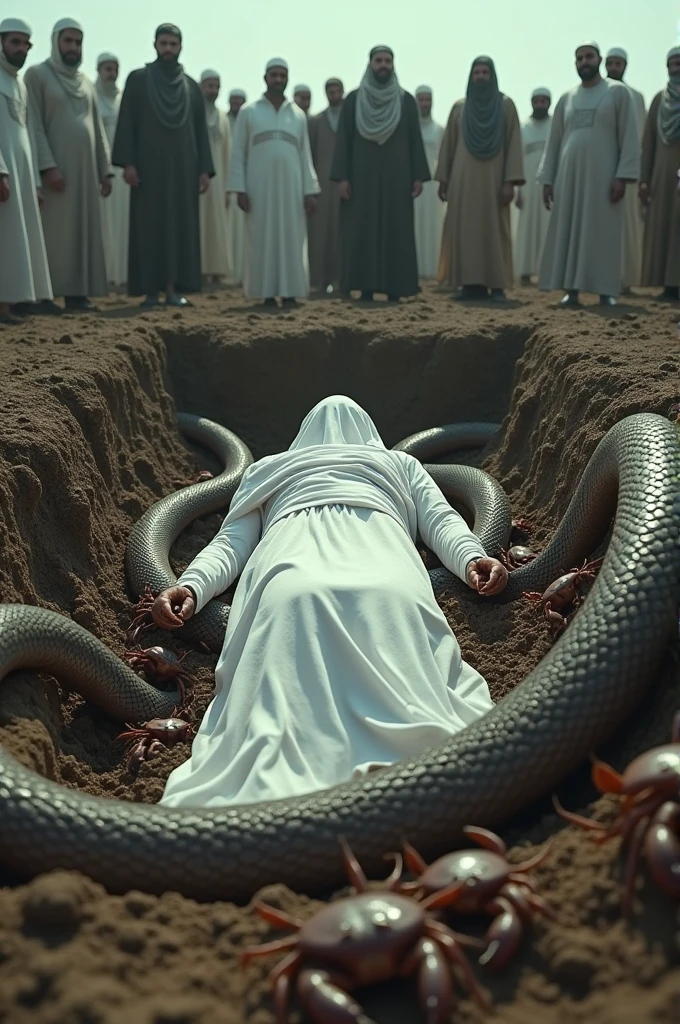 Please give me a picture showing a muddy open grave in which there is a dead Muslim woman completely covered in white clothing, there is a huge big snake attacking the dead woman and there are a lot of crabs and big insects on the dead woman. around and behind the grave there are a lot of Muslim men who are shocked by seeing the scenario. Make sure that the snake is sitting outside the grave and is huge. This picture is required for YouTube thumbnail so please do your best