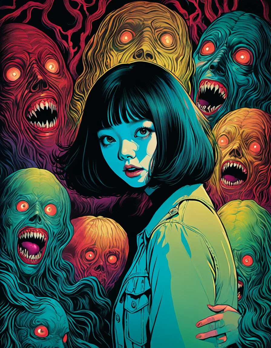 An illustration、art、70s horror movie posters, Supervised by Junji Ito、High detail, Realistic Shadows、Analog Style, chromatic aberration, Surrealism、Complementary Gradient
