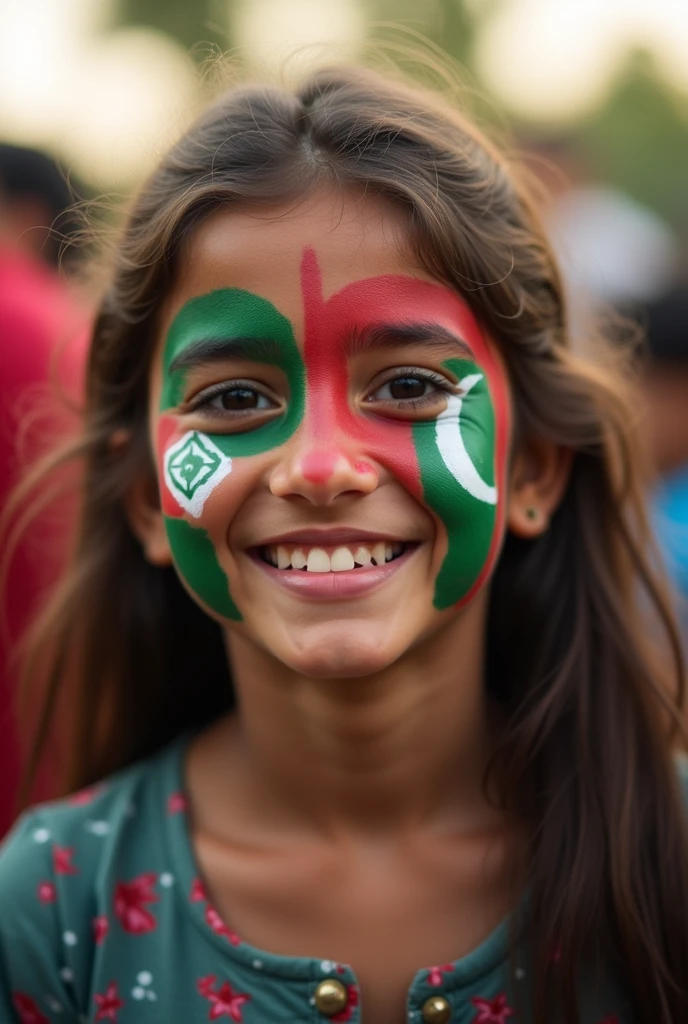 Pakistani young white girl on Independence day with Pakistani flag face paint. background is slightly overexposed