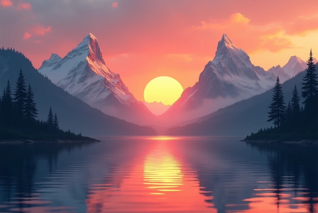 Two mountains, sun set in the middle, and reflect on the water