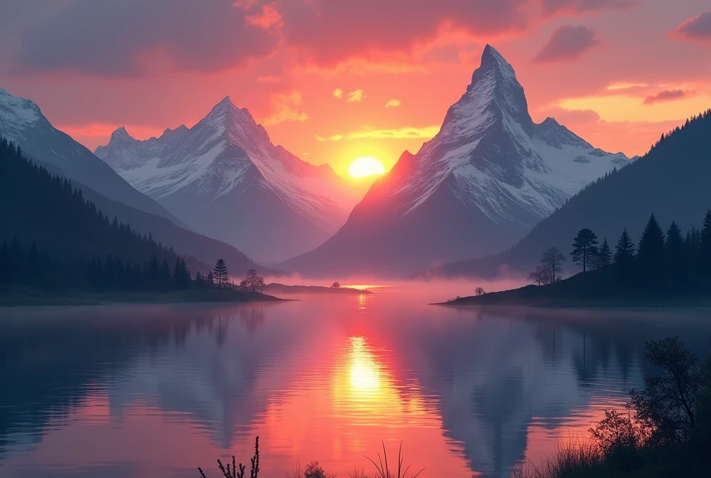 Two mountains, sun set in the middle, and reflect on the water