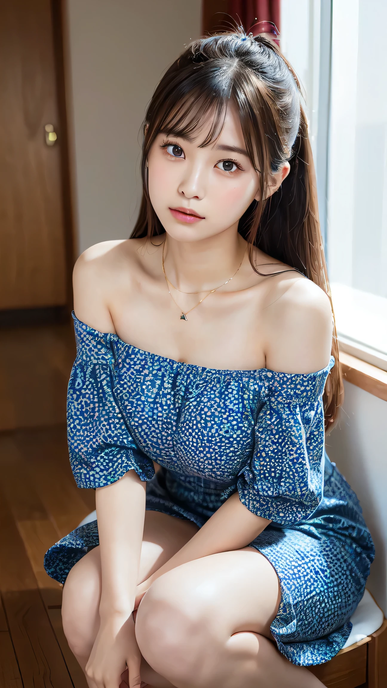 body、Full body Esbian、squat、Very small waist、(very big breasts:1.3)、ponytail、plump thighs、natural skin、Extra-fine face、 extra thin hands, Very thin fingers, Best ratio、surreal, ((cute dress、Exposing too much skin、off shoulder、The length is short and the thighs are visible))、cheeks turn red、body covered in 、Cross Necklace、((18 year old female:1.ung adorable japanese face, official art,Highly detailed CG Unity 8K wallpaper,(masterpiece:1.0),(highest quality:1.0), 超A high resolution,4k,Super detailed, photo shoot, 8K, nffsw, High resolution, kodak portrait 400, film grain, lens flare glow,高いest quality,8K,nffsw:1.2),portrait shot,8K、View viewer