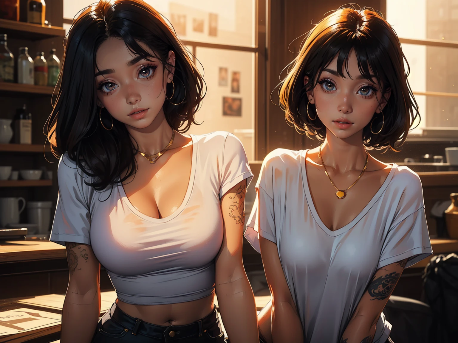 A stunning woman stands solo, hips slightly upturned, her detailed face radiating a sultry invitation. (Amber Eyes)shine like warm honey as she sports multi-colored hair with trendy bangs. A tattooed dragon wraps around her toned physique, visible beneath a fitted t-shirt that accentuates her chest. A delicate necklace glimmers against her skin as she confidently wears a sexy smile. Her mischievous gaze seems to say 'come closer', drawing the viewer's eye like a magnet. Framed by a soft, golden light, Makima's beauty is perfectly balanced and on full display, with the tip of the nipple showing through,((Woman Solo))