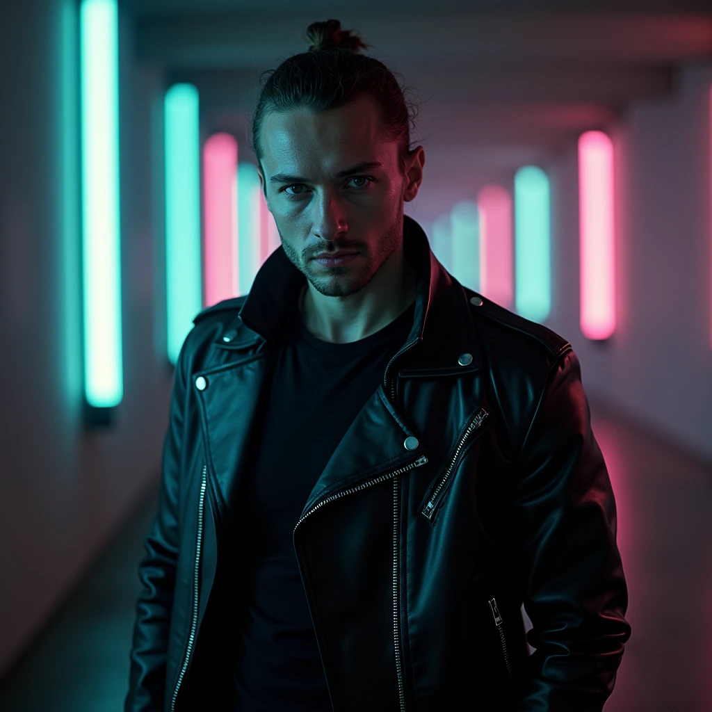 (Black Leather Jacket), male model, Interference, Polarization, refraction, diffraction. Beautiful cinematic lighting, surreal, RAW photo, color graded, dynamic movement, (captivating chiaroscuro:0.1), (special effects:0.1), full body, award-winning, cinematic still, emotional, vignette, dynamic, vivid, (masterpiece, best quality, photorealistic, Professional, perfect composition, very aesthetic, absurdres, ultra-detailed, intricate details:1.3)