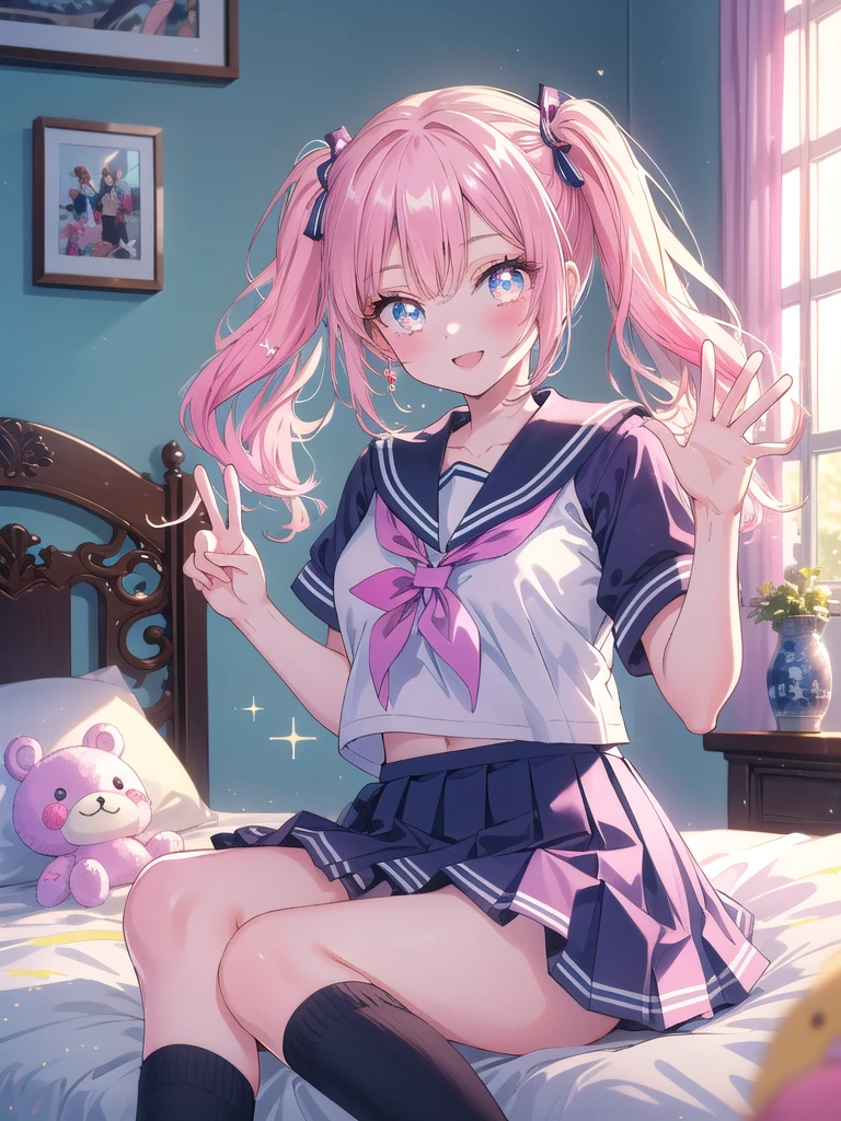 ((8k, Highest quality, masterpiece: 1.3)),Ultra-high resolution,(1 girl, alone), (Color changing eyes, Ultra-detailed, Expressive brilliance, Glitter, Glowing Eyes), Highly detailed eyes, Highly detailed face, Random Hair, ((pastel colour)),A lively young woman with pastel pink hair styled into twin tails, sitting cross-legged on her bed in her brightly lit bedroom during a sunny morning. She is dressed in a cute yet subtly sexy anime schoolgirl cosplay, wearing a short pleated skirt, a sailor-style top, and knee-high socks. The camera captures her from a slightly low angle as she smiles brightly, holding up a peace sign with her fingers, her expression full of cheerfulness and fun. The room is bathed in warm sunlight, with a few plush toys scattered on the bed, anime posters on the walls, and a vibrant, playful atmosphere.