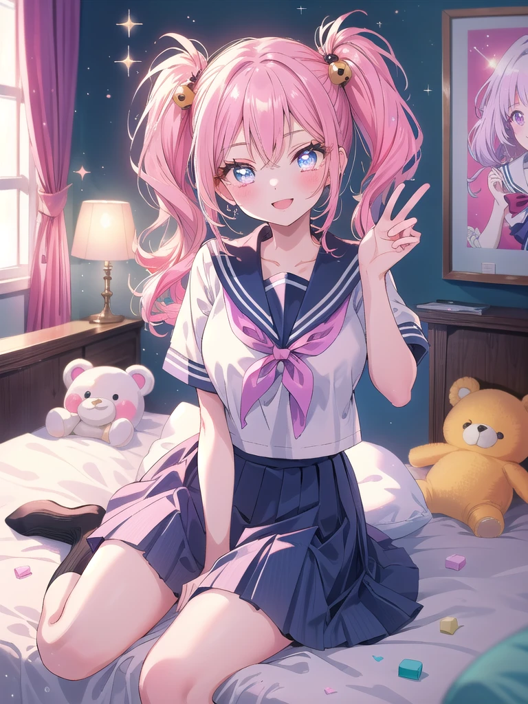 ((8k, Highest quality, masterpiece: 1.3)),Ultra-high resolution,(1 girl, alone), (Color changing eyes, Ultra-detailed, Expressive brilliance, Glitter, Glowing Eyes), Highly detailed eyes, Highly detailed face, Random Hair, ((pastel colour)),A lively young woman with pastel pink hair styled into twin tails, sitting cross-legged on her bed in her brightly lit bedroom during a sunny morning. She is dressed in a cute yet subtly sexy anime schoolgirl cosplay, wearing a short pleated skirt, a sailor-style top, and knee-high socks. The camera captures her from a slightly low angle as she smiles brightly, holding up a peace sign with her fingers, her expression full of cheerfulness and fun. The room is bathed in warm sunlight, with a few plush toys scattered on the bed, anime posters on the walls, and a vibrant, playful atmosphere.