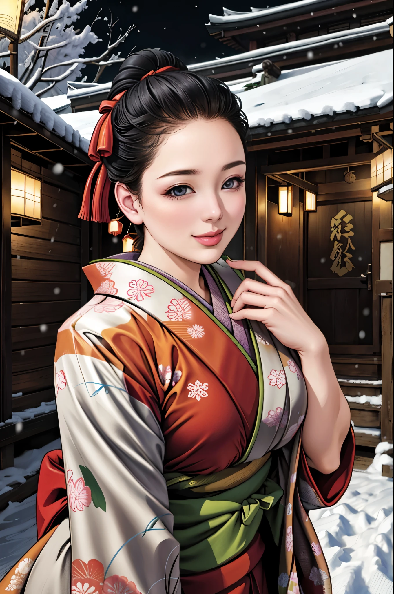 (Browsing Caution), (RAW Photos), (Realistic), (Photorealistic), Ultra-high resolution, masterpiece, Highest quality, Portraiture, facial Portraiture, Perfect lighting, Detailed lighting, Dramatic Shadows, Ray Tracing, Pure Eros Face_v1, Urzan-6500-v1.1, ((gentle smile)), ((upper body:1.2)), ((random sexy pose)), looking at viewer, ((wearing a kimono)), ((in old Japanese sinto)), ((night)), ((background with snow:1.2)), ((blizzard:1.2)),