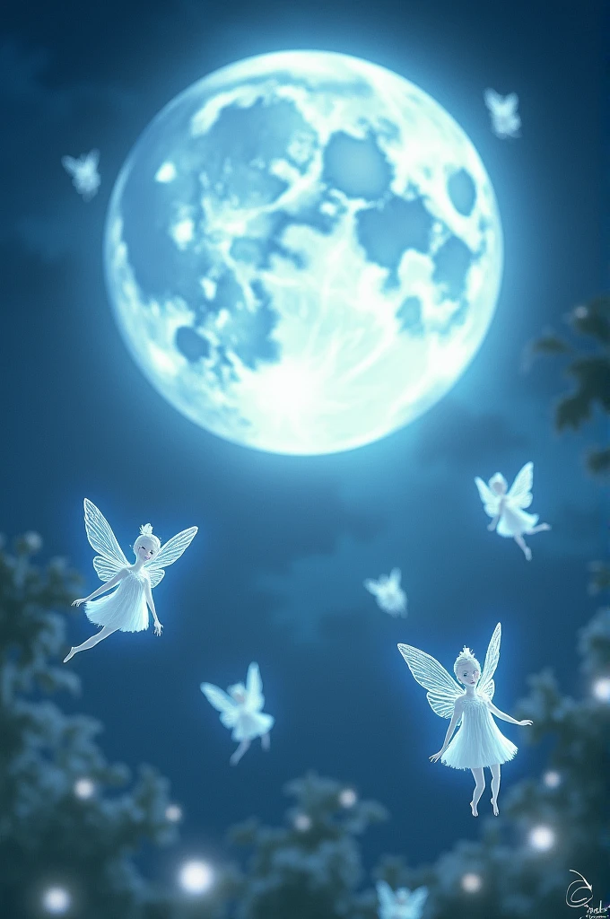 Full moon surrounded with small white fairies