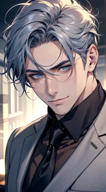(best quality,4k,8k,highres,masterpiece:1.2),ultra-detailed,(realistic,photorealistic,photo-realistic:1.37),1 man,31 years old,mature man,very handsome,without expression,smile,short grey blue hair,blue eyes,penetrating gaze,perfect face without errors,imposing posture,businessman,office background,cinematic lighting,hdr image