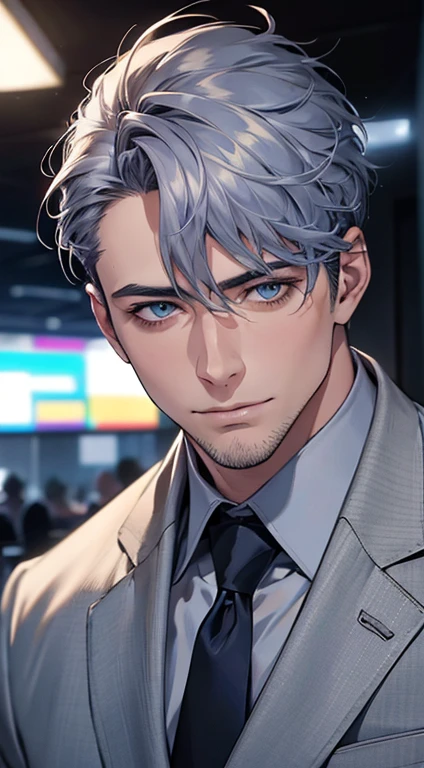(best quality,4k,8k,highres,masterpiece:1.2),ultra-detailed,(realistic,photorealistic,photo-realistic:1.37),1 man,31 years old,mature man,very handsome,without expression,smile,short grey blue hair,blue eyes,penetrating gaze,perfect face without errors,imposing posture,businessman,office background,cinematic lighting,hdr image
