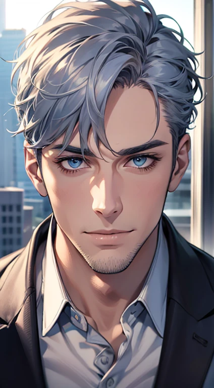 (best quality,4k,8k,highres,masterpiece:1.2),ultra-detailed,(realistic,photorealistic,photo-realistic:1.37),1 man,31 years old,mature man,very handsome,without expression,smile,short grey blue hair,blue eyes,penetrating gaze,perfect face without errors,imposing posture,businessman,office background,cinematic lighting,hdr image