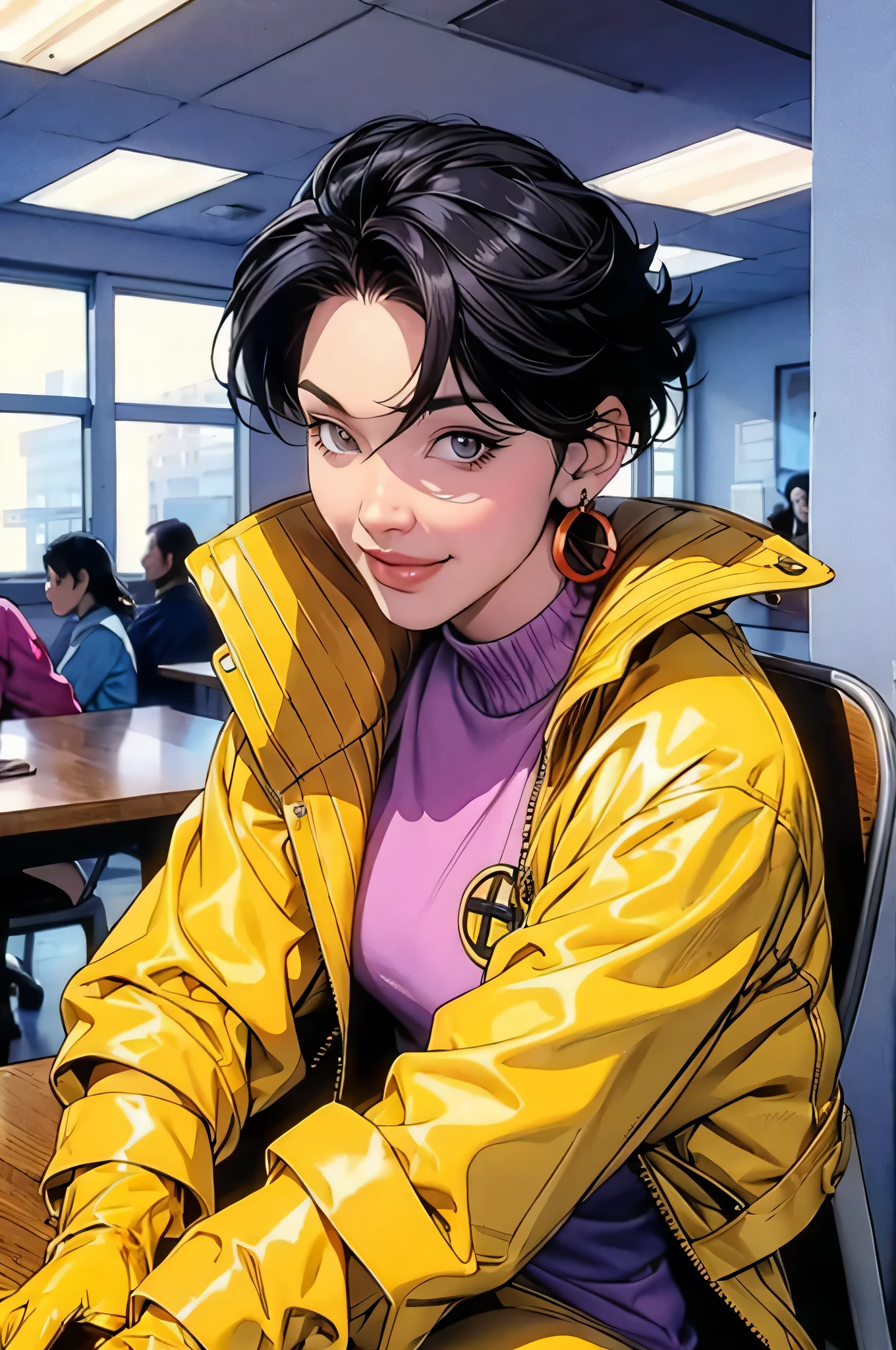 Jubilee, short black hair, eyes browns, purple tones on the head, hoop earings,open yellow jacket,blue gloves, pin shirt, looking ahead at viewer, smiling, glad, sitting down, upper-body shot, Behind the desk, cafeteria inside, table full of food, beef, veggies, disposable cup, vapour, high qualiy, work of art 