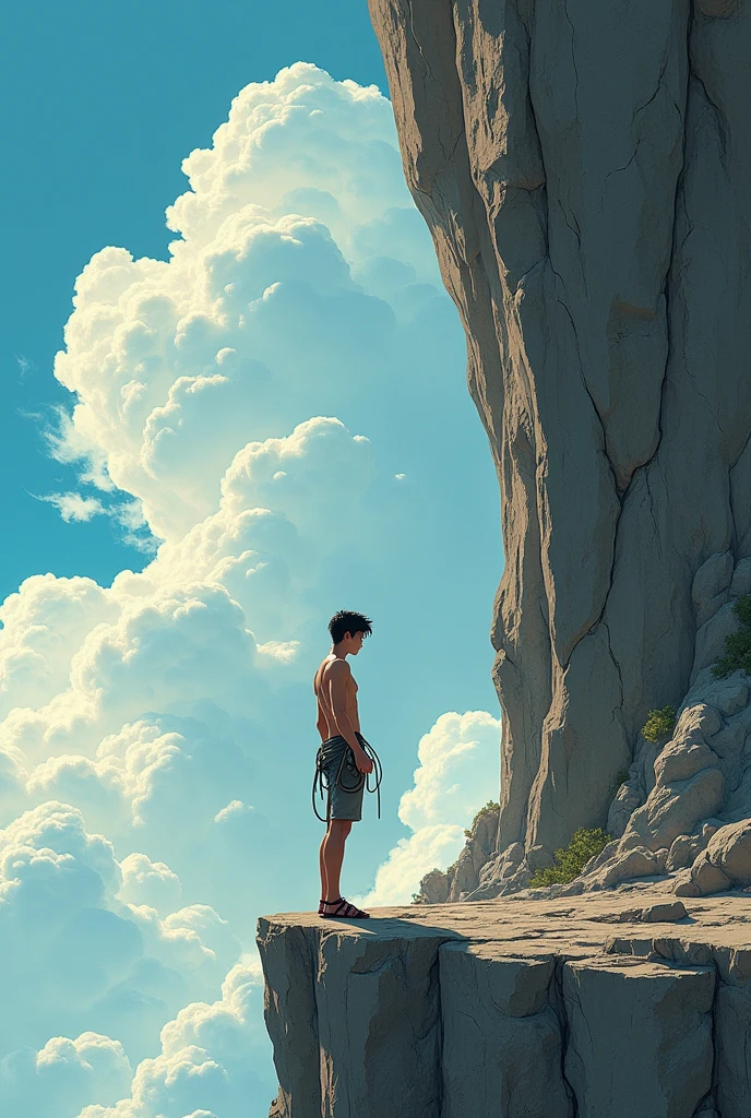 Une image orientée tatouage de style manga, mettant en scène un personnage homme vu de profil, debout près du bord d'une falaise et face à une imposante paroi rocheuse. Le personnage porte un débardeur, des sandales et une corde d'escalade avec une posture fine, forte et déterminée. La falaise est détaillée avec des textures rugueuses et irrégulières, soulignant le défi et l'ampleur du paysage. L’arrière-plan comprend un vaste ciel avec des nuages doux, ajoutant de la profondeur et un sentiment de mystère à la scène.