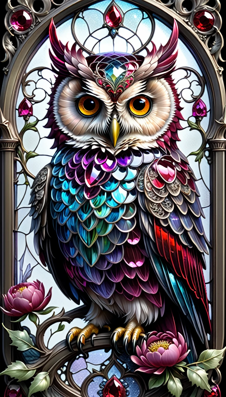 triadic colors, cinematic, official art, close fairytale transparent glass owl ruby peony flowers, ice hoarfrost, baroque, Craola, highly detailed stained glass wings, amethyst crystals, labradorite iridescent crystals, Andy Kehoe, John Blanche, complex highly detailed background, child book detailed illustration, fantasy, filigree, filigree detailed, intricated, cute
