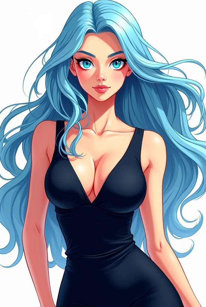 make a webtoon style image: A woman in a black dress, blue colored eyes, long light blue hair