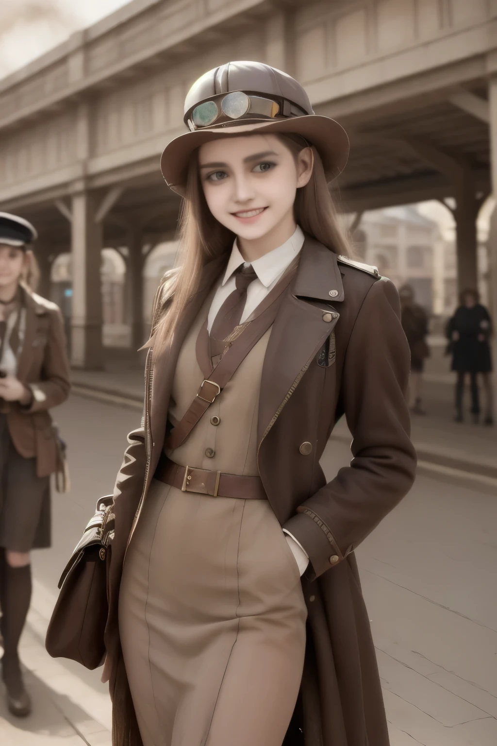 1 girl, aviator hat , solo, steam punk, train station, , steam, smoke, masterpiece, highly detailed,HDR,8k resolution, best quality,
