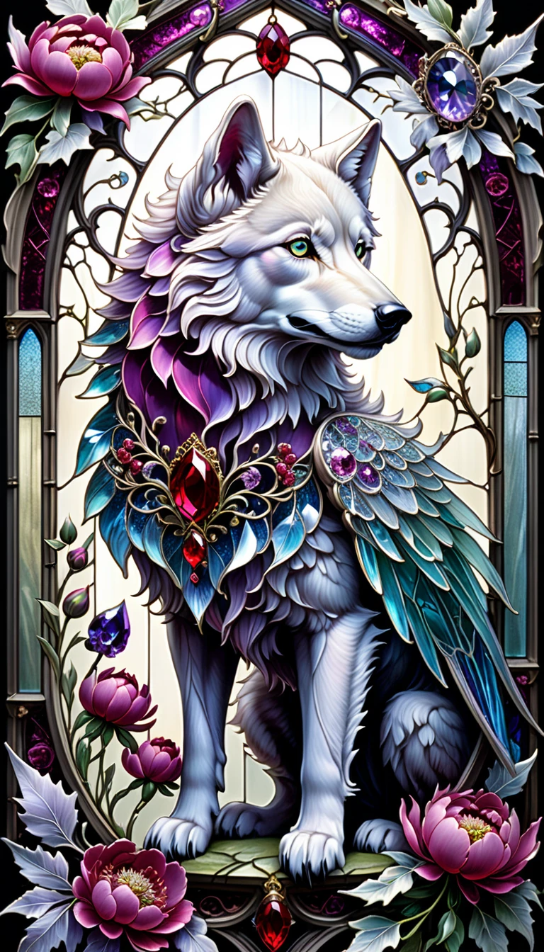 triadic colors, cinematic, official art, close fairytale transparent glass wolf ruby peony flowers, ice hoarfrost, baroque, Craola, highly detailed stained glass wings, amethyst crystals, labradorite iridescent crystals, Andy Kehoe, John Blanche, complex highly detailed background, child book detailed illustration, fantasy, filigree, filigree detailed, intricated, cute
