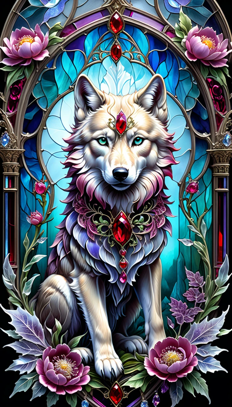triadic colors, cinematic, official art, close fairytale transparent glass wolf ruby peony flowers, ice hoarfrost, baroque, Craola, highly detailed stained glass wings, amethyst crystals, labradorite iridescent crystals, Andy Kehoe, John Blanche, complex highly detailed background, child book detailed illustration, fantasy, filigree, filigree detailed, intricated, cute