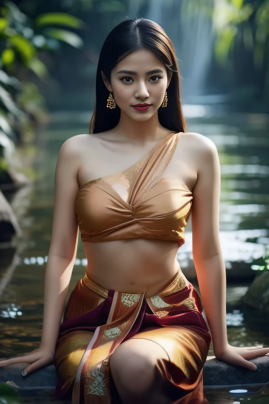 Close up of Thai woman wearing Thai Chakkri with moderate , Gorgeous Thai model, attractive, elegant, attractive woman, stunning beauty. green Thai shirt